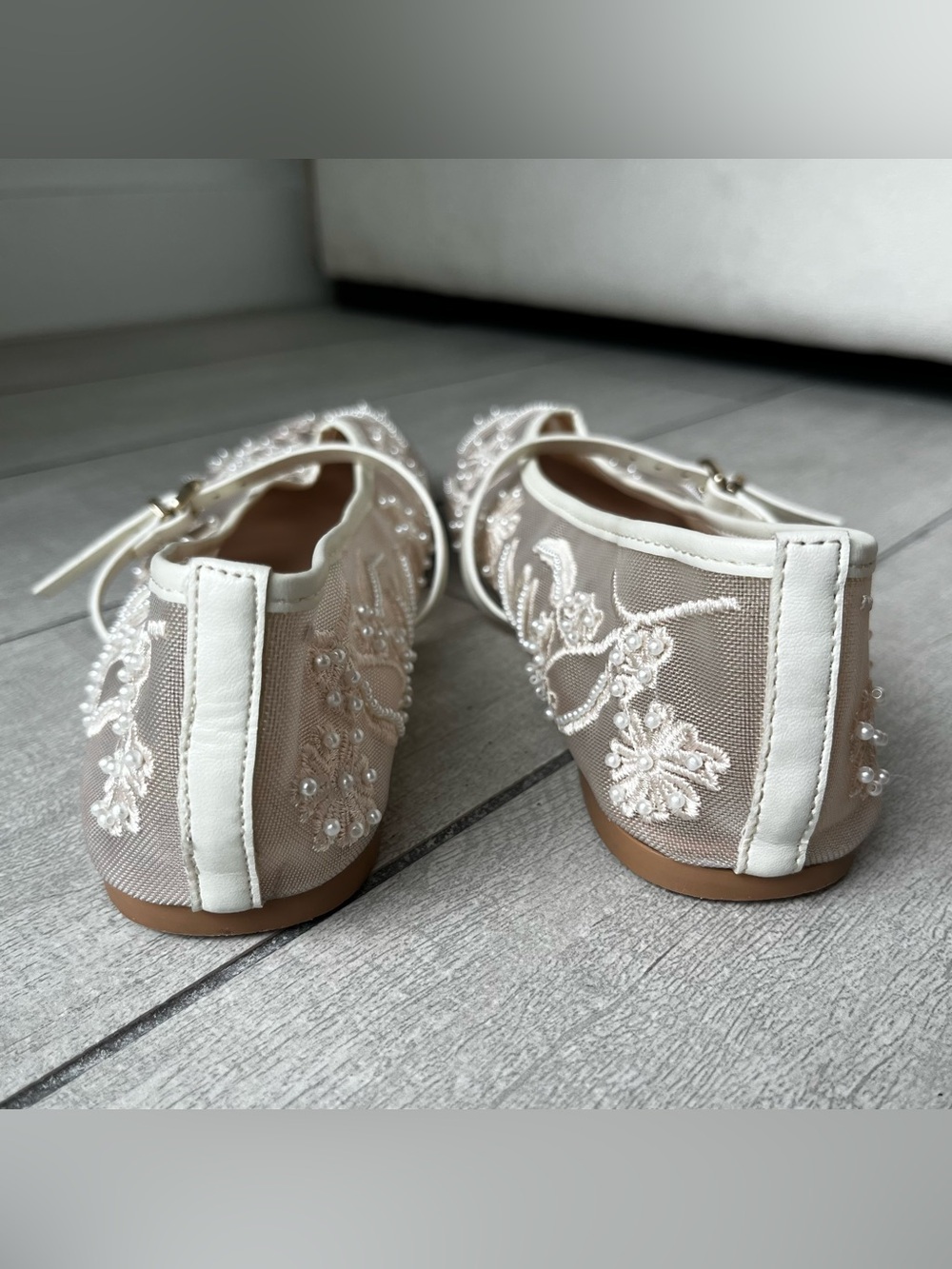 Zara Mesh Embroidered Ballet Floral Pearls Lace Flats Shoes Cream 8 Wedding Shoe - Picture 9 of 14